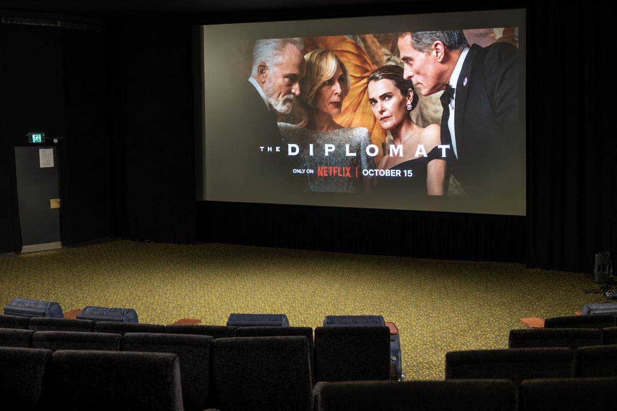 The Diplomat Season 4 title card on the big screen at Palace Electric Cinema ahead of the launch screening